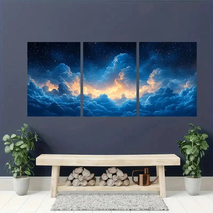 3pcs Abstract Cloud Sky Navy Blue & Orange Art Metal Print Ready to Hang Art - Bella Home Decor