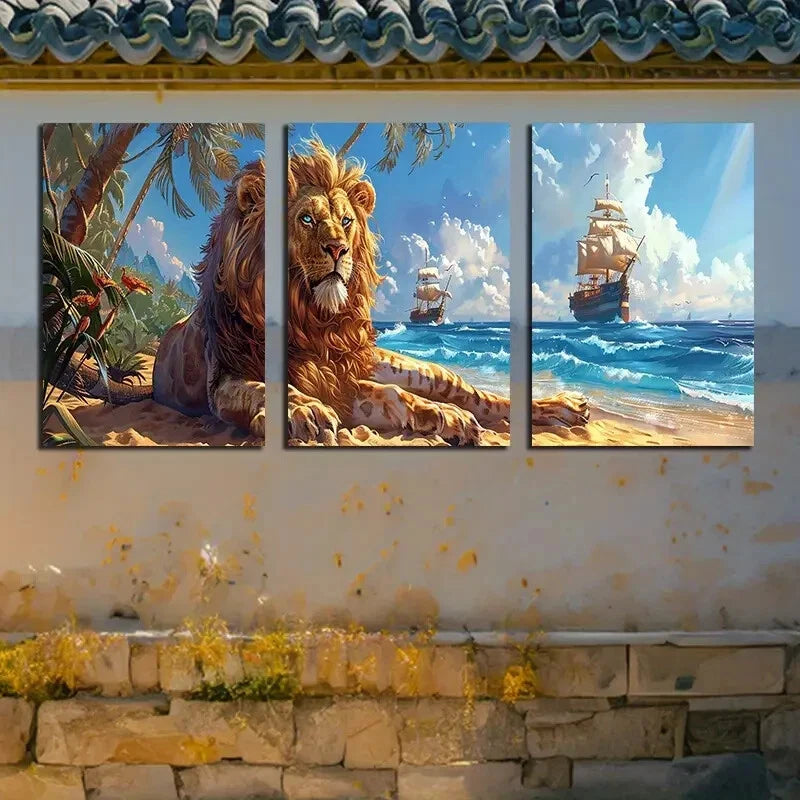 3pcs Lion and Ocean Cruise Ship Beach Scene Metal Print Ready to Hang Art - Bella Home Decor