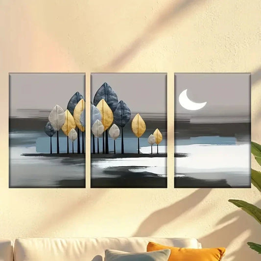 3pcs a painting of three trees with leaves Wall Art Set Canvas Framed 50x70cm - High Quality Print 100% Australian Made Wall Canvas Ready to Hang