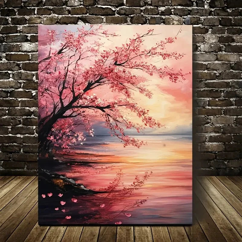 Beautiful Cherry Blossoms Sunset Painting Vibrant Pink 40x60cm Metal Print Ready to Hang - Bella Home Decor