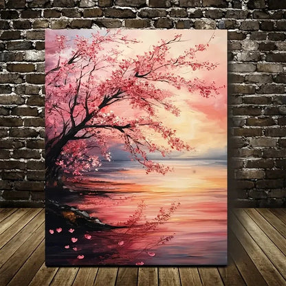 Beautiful Cherry Blossoms Sunset Painting Vibrant Pink 40x60cm Metal Print Ready to Hang - Bella Home Decor