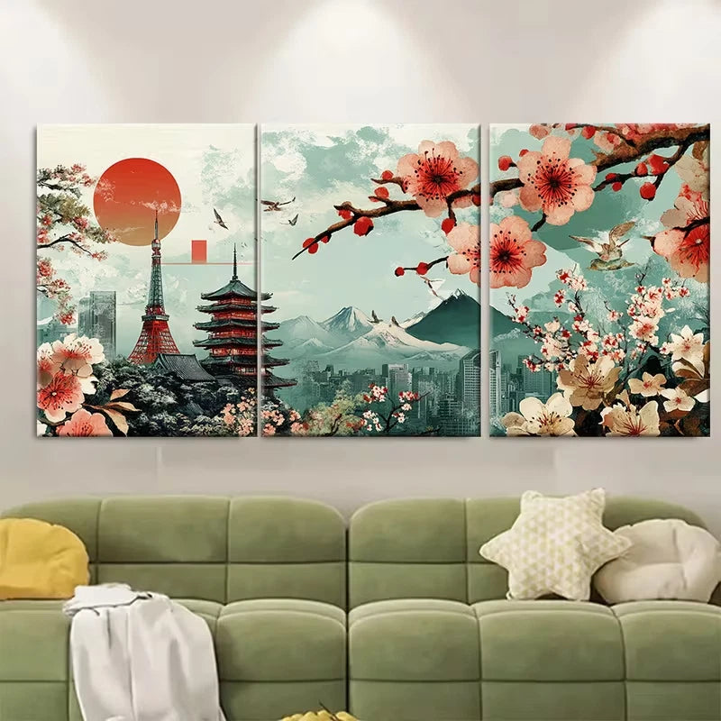 3pcs Cherry Blossom & Pagoda Scenery Metal Print Ready to Hang Art - Bella Home Decor