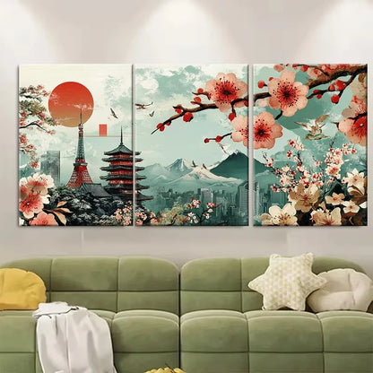 3pcs Cherry Blossom & Pagoda Scenery Metal Print Ready to Hang Art - Bella Home Decor