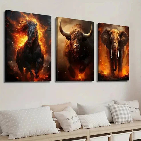 3pcs Running Hell Demon Horse Bull Elephant Wall Art Set Canvas Unframed - High Quality Print 100% Australian Made Wall Canvas