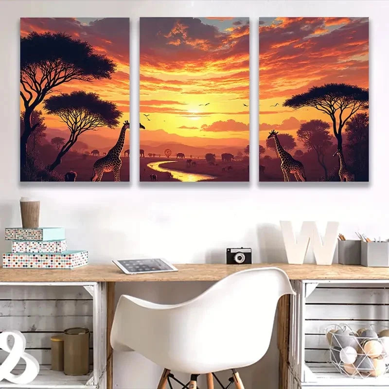 3pcs African Savannah Sunset Giraffe Wildlife Wall Art Set Canvas Framed 40x60cm - High Quality Print 100% Australian Made Wall Canvas Ready to Hang - Bella Home Decor