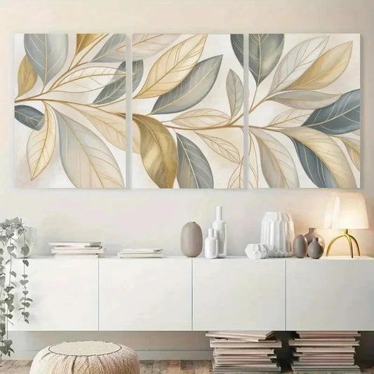 3pcs Eucalyptus Leaves, Golden Leaves Wall Art Set Canvas Framed 60x90cm - High Quality Print 100% Australian Made Wall Canvas Ready to Hang
