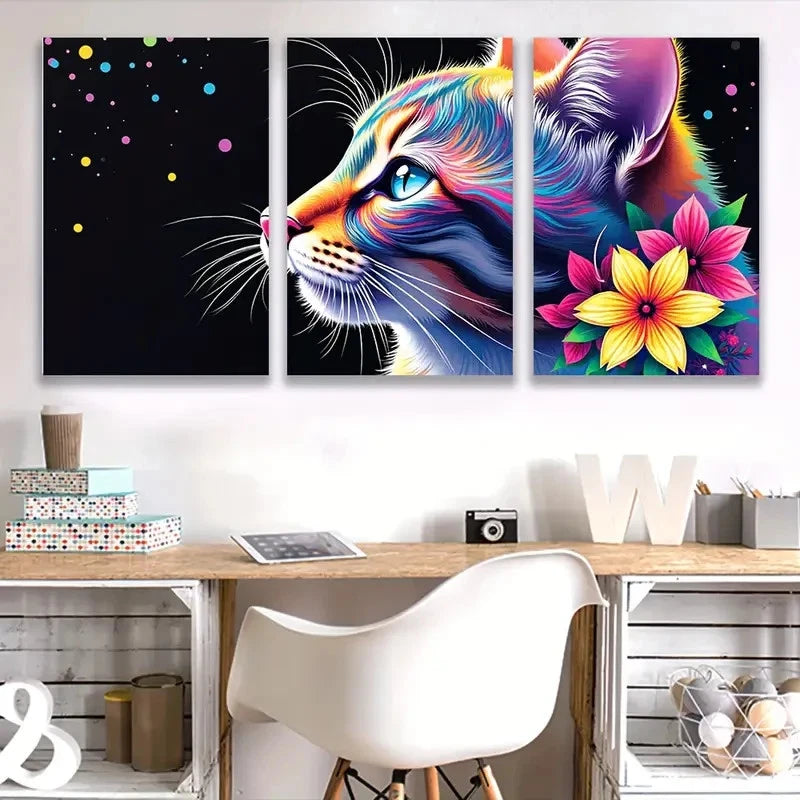 3pcs Colorful Cats I and Flowers  Wall Art Set Canvas Framed 50x70cm - High Quality Print 100% Australian Made Wall Canvas Ready to Hang - Bella Home Decor