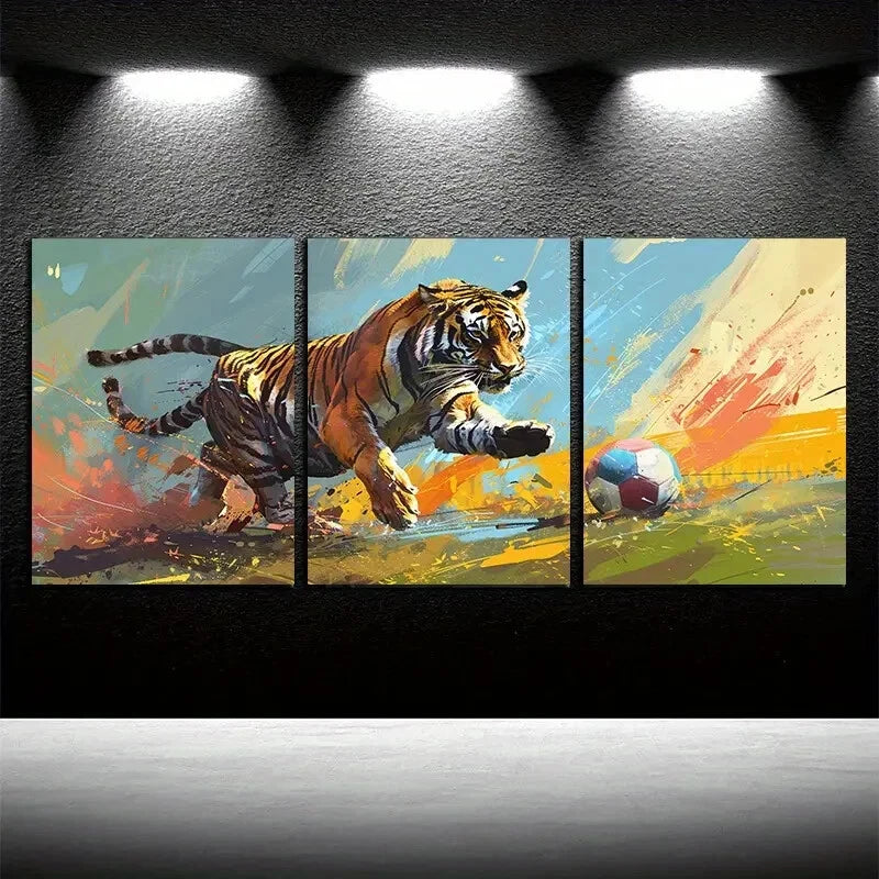 3pcs Vibrant Tiger Playing Soccer Modern Design Metal Print Ready to Hang Art - Bella Home Decor