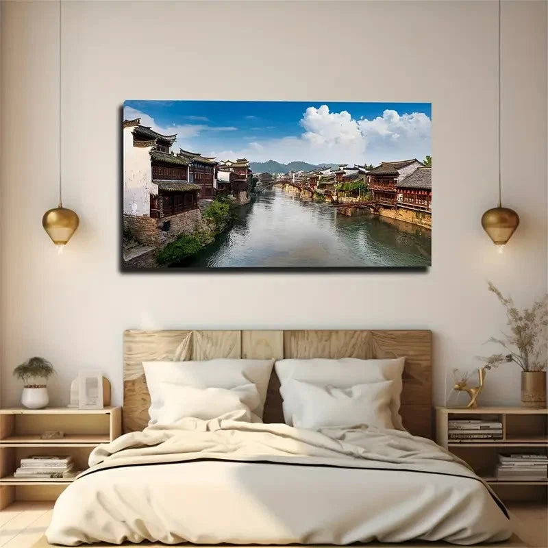 Ancient Chinese Town Wall Art Canvas Office Home Room Framed 120x60cm