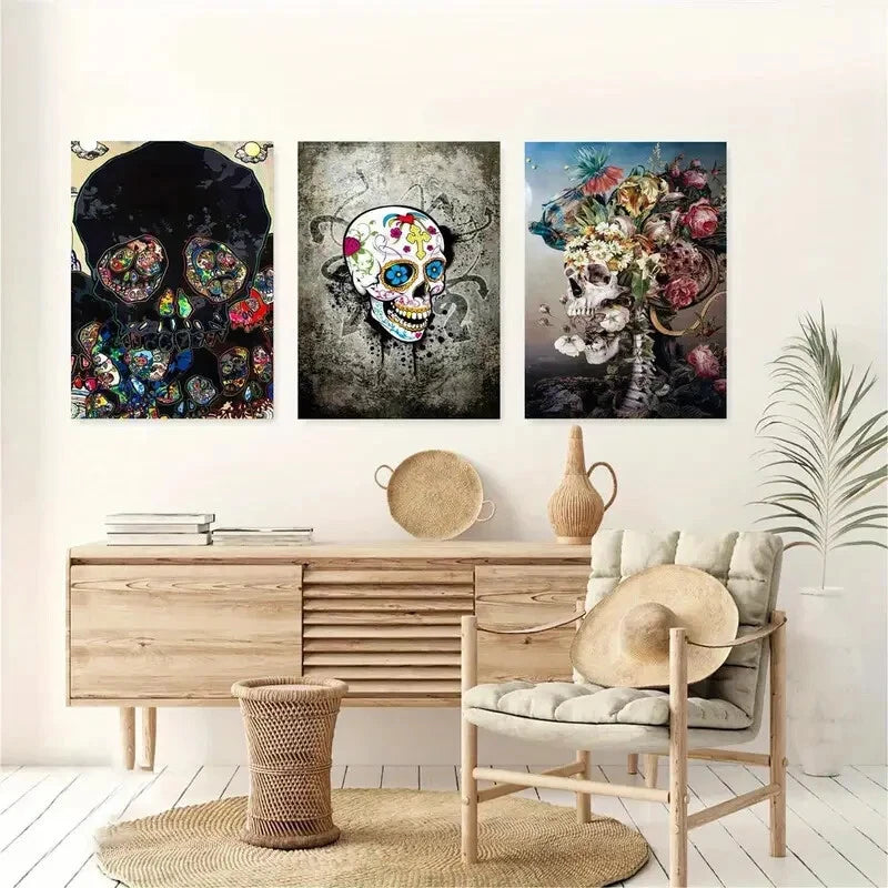 3pcs Skull Adorned with Flowers And a Snake Metal Print Ready to Hang Art - Bella Home Decor