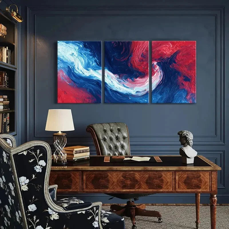 3pcs Abstract Art Red Blue White Waves Poster Metal Print Ready to Hang Art - Bella Home Decor