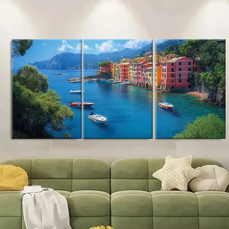 3pcs Portofino Coastal Calm Bay with Boats BH    Wall Art Set Canvas Framed 40x60cm - High Quality Print 100% Australian Made Wall Canvas Ready to Hang