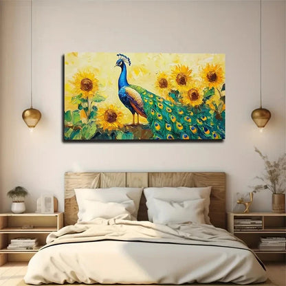 Peacock And Sunflowers Abstract Wall Art Canvas Office Home Room Framed 120x60cm