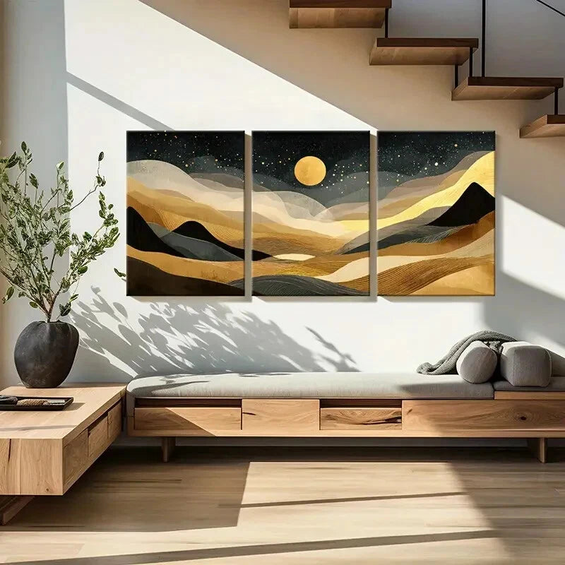 3pcs Abstract Landscape Art Golden Moon Wavy Lines Metal Print Ready to Hang Art - Bella Home Decor