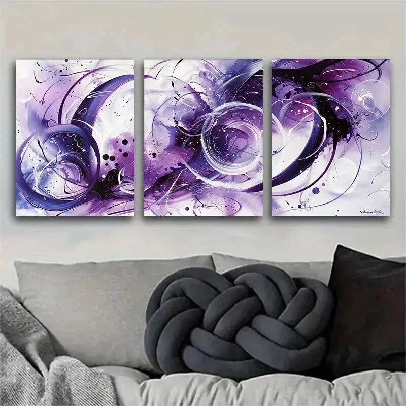 3pcs Abstract Purple Modern Fluid Swirl Perfect Wall Art Set Canvas Framed 60x90cm - High Quality Print 100% Australian Made Wall Canvas Ready to Hang - Bella Home Decor
