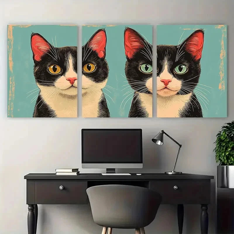 3pcs Retro Style Cat Illustration Wall Art Set Canvas Framed 50x70cm - High Quality Print 100% Australian Made Wall Canvas Ready to Hang - Bella Home Decor