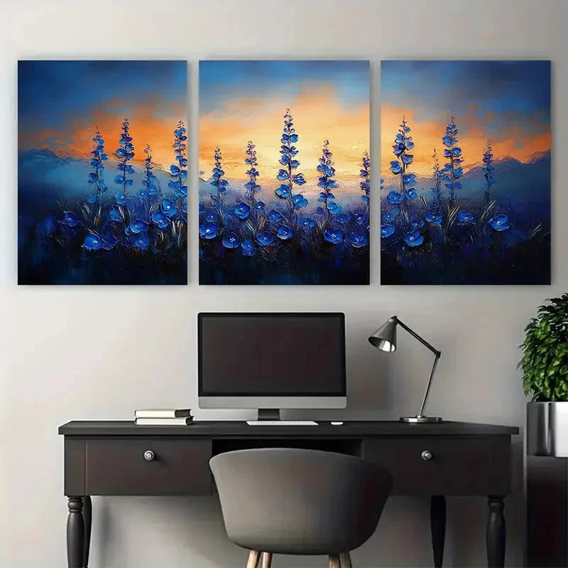 3pcs Bluebell Flowers Impasto Rustic Illustration Metal Print Ready to Hang Art - Bella Home Decor