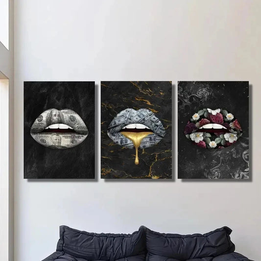 3pcs Money lips creative poster, golden expensive Metal Print Ready to Hang Art