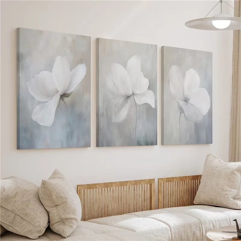 3pcs Elegant White Floral Neutral Botanical Wall Art Set Canvas Framed 50x70cm - High Quality Print 100% Australian Made Wall Canvas Ready to Hang