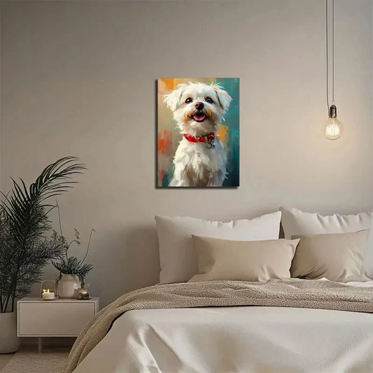 Adorable White Maltese Dog With Red Collar Smiling 40x60cm Metal Print Ready to Hang