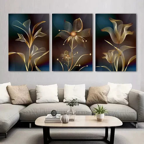 3pcs Vintage Wall Art Abstract Golden Flower Canvas Framed 60x90cm - High Quality Print 100% Australian Made Wall Canvas Ready to Hang - Bella Home Decor