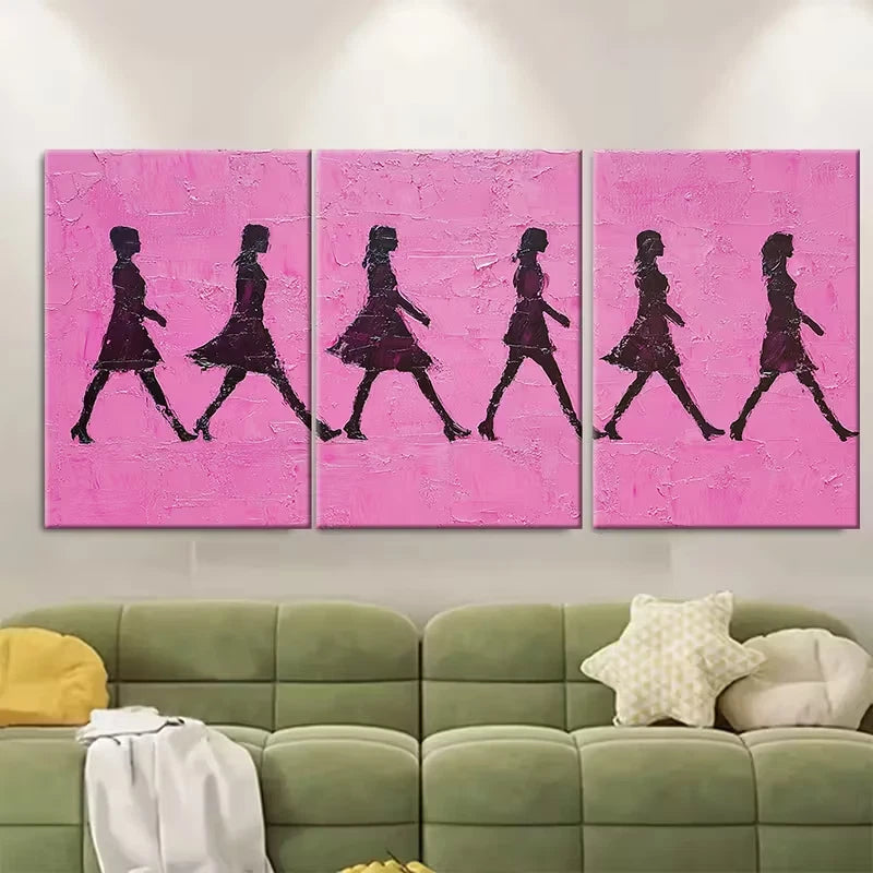 3pcs Walking Silhouettes on Pink Background Metal Print Ready to Hang Art