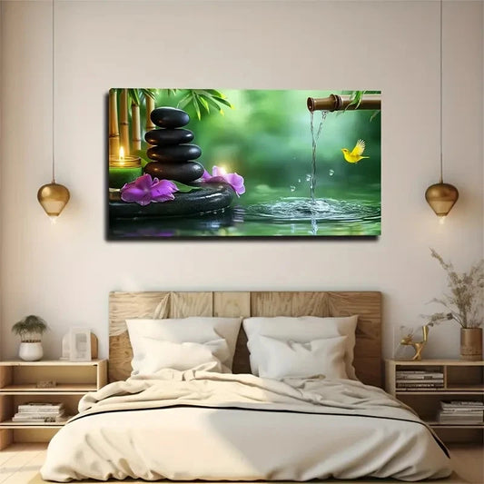Flying Yellow Bird & Zen Garden Wall Art Canvas Office Home Room Framed 120x60cm