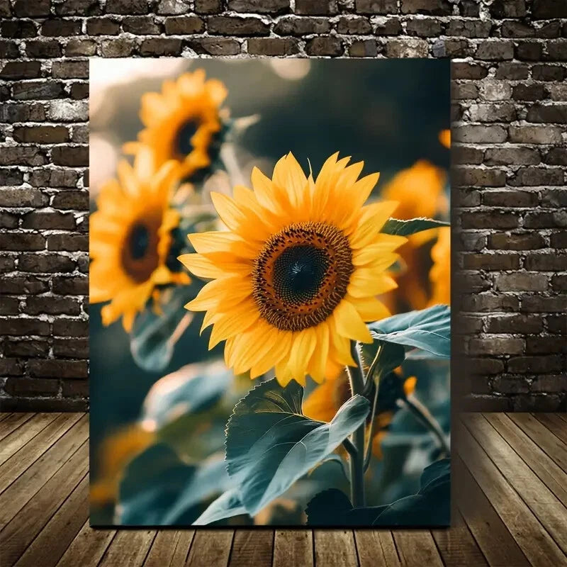Vibrant Yellow Sunflowers with Pine Painting 40x60cm Metal Print Ready to Hang - Bella Home Decor
