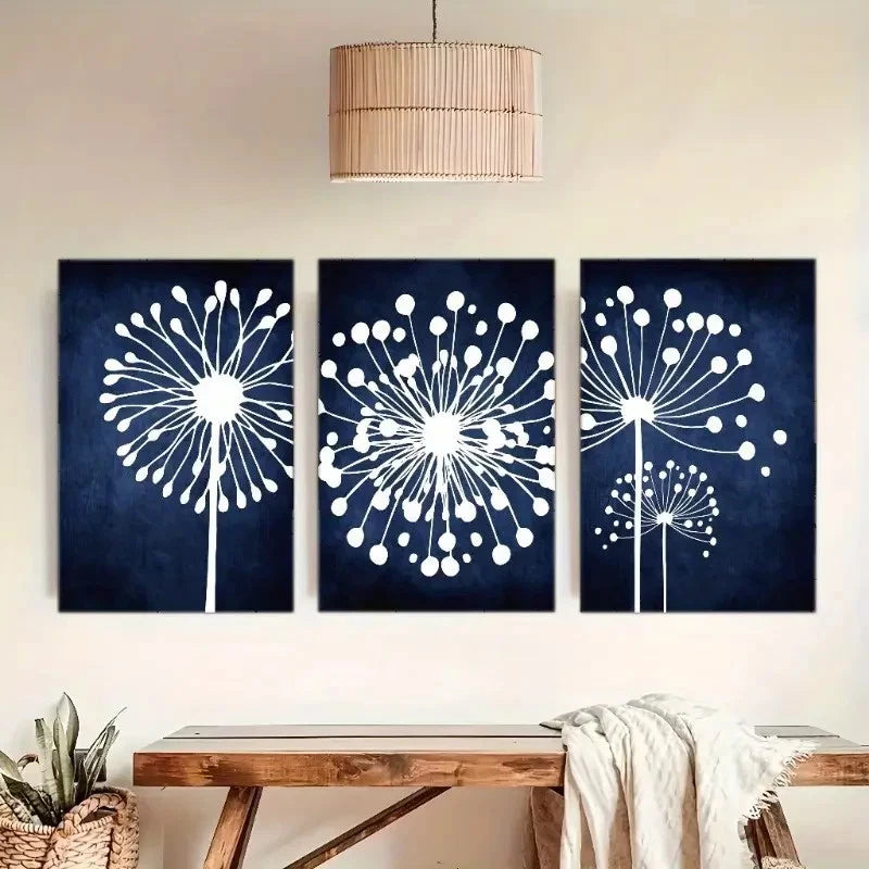 3pcs White Dandelion Plant Abstract Art Metal Print Ready to Hang Art