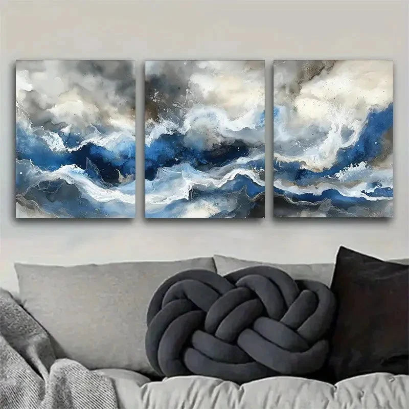 3pcs Blue and White Fluid Art Set Portrait Metal Print Ready to Hang Art - Bella Home Decor