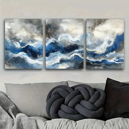 3pcs Blue and White Fluid Art Set Portrait Metal Print Ready to Hang Art - Bella Home Decor