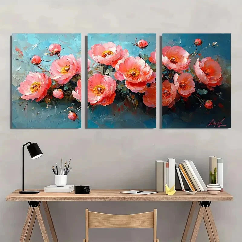 3pcs Pink Peonies Impasto Painting Oil Painting Metal Print Ready to Hang Art - Bella Home Decor