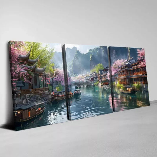 3pcs Serene Japanese Town with Blooming Florals Art Set Canvas Framed 50x70cm - High Quality Print 100% Australian Made Wall Canvas Ready to Hang