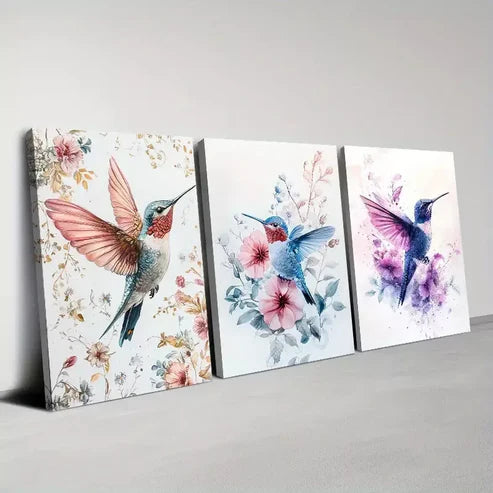 3pcs Colorful Plants And Hummingbird Flying  Art Set Canvas Unframed - High Quality Print 100% Australian Made Wall Canvas - Bella Home Decor