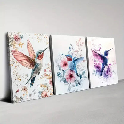 3pcs Colorful Plants And Hummingbird Flying  Art Set Canvas Unframed - High Quality Print 100% Australian Made Wall Canvas - Bella Home Decor