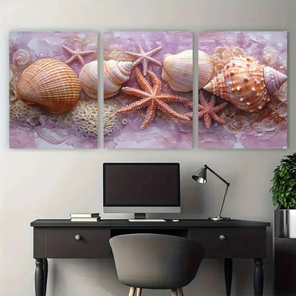 3pcs Delicate Sea Shell Coral Starfish Wall Art Set Canvas Framed 40x60cm - High Quality Print 100% Australian Made Wall Canvas Ready to Hang - Bella Home Decor