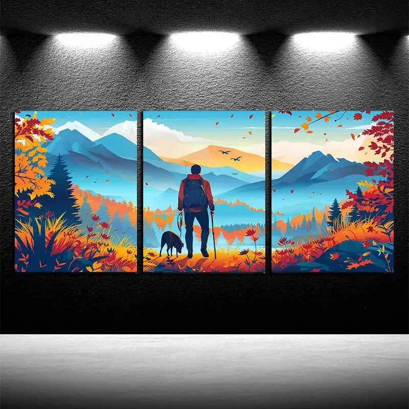 3pcs Tourist's Journey Through the Mountains Metal Print Ready to Hang Art