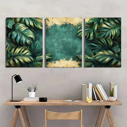 3pcs Tropical Jungle Palm Leaf Grunge Style Metal Print Ready to Hang Art - Bella Home Decor