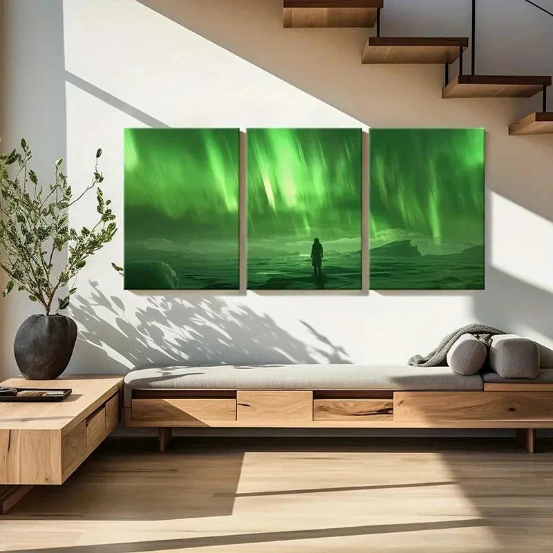3pcs Aurora Borealis Landscape Silhouette Figure Metal Print Ready to Hang Art - Bella Home Decor