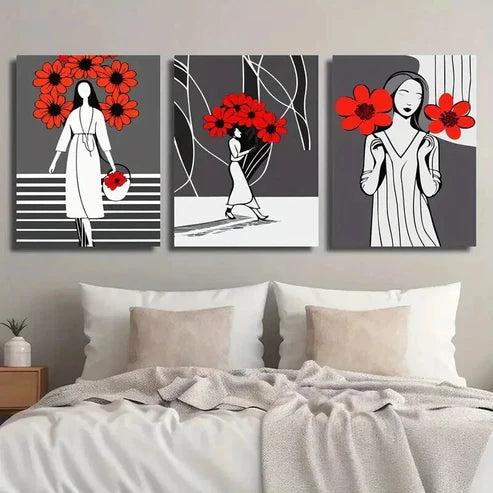 3pcs Abstract Black & Recd Flower Girl Wall Art Canvas Unframed - High Quality Print 100% Australian Made Wall Canvas - Bella Home Decor
