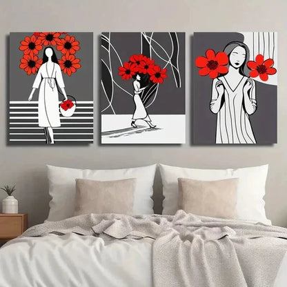 3pcs Abstract Black & Recd Flower Girl Wall Art Canvas Unframed - High Quality Print 100% Australian Made Wall Canvas - Bella Home Decor
