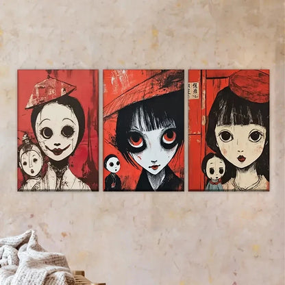 3pcs three paintings of women with red eyes Wall Art Set Canvas Framed 50x70cm - High Quality Print 100% Australian Made Wall Canvas Ready to Hang - Bella Home Decor
