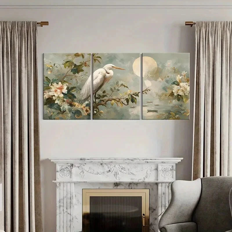 3pcs Elegant White Heron & Floral Moonlit Metal Print Ready to Hang Art - Bella Home Decor