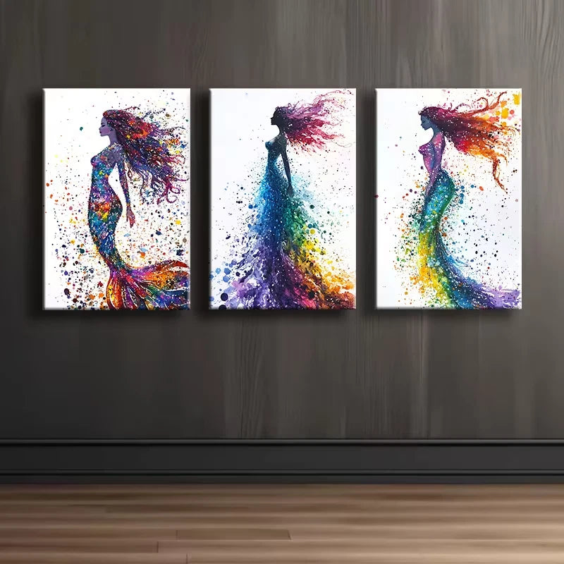 3pcs Mermaid watercolor Illustration Wall Art Set Canvas Framed 40x60cm - High Quality Print 100% Australian Made Wall Canvas Ready to Hang
