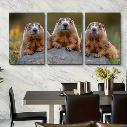 3pcs Three Funny Sitting on a Rock in a Meadow Metal Print Ready to Hang Art