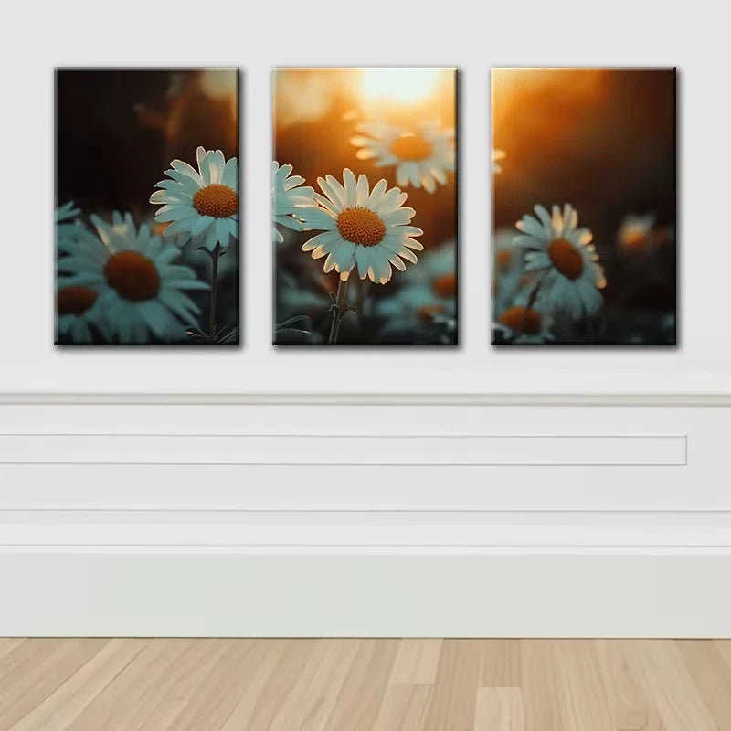 3pcs Daisy Delight Sunset Illustration Wall Art Set Canvas Framed 60x90cm - High Quality Print 100% Australian Made Wall Canvas Ready to Hang - Bella Home Decor