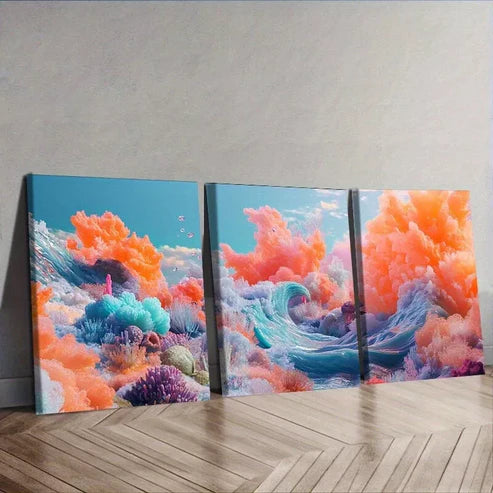 3 PCS A Sea With Different Colors Of Sea Waves Wall Art Set Canvas Unframed - High Quality Print 100% Australian Made Wall Canvas