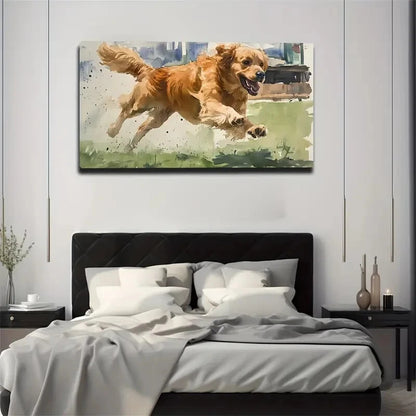 Golden Retriever Running Deco Wall Art Canvas Office Home Room Framed 120x60cm - Bella Home Decor