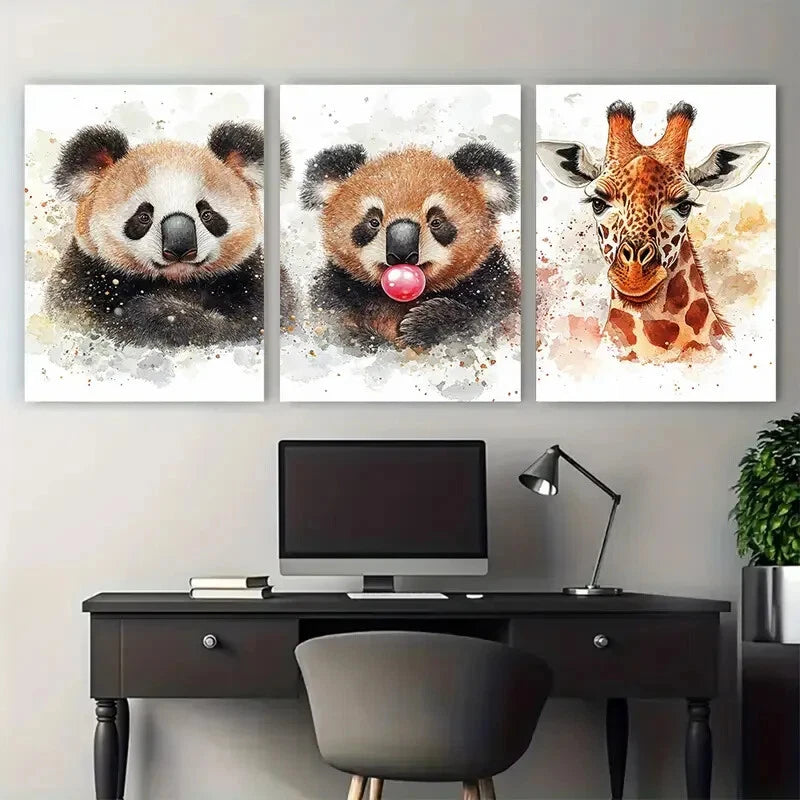 3pcs Panda, Koala, Giraffe Bubble Gum Wildlife Metal Print Ready to Hang Art - Bella Home Decor