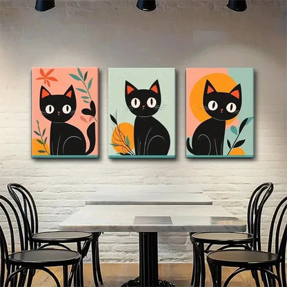 3pcs Adorable Black Cat Aesthetic Color Perfect Wall Art Set Canvas Framed 50x70cm - High Quality Print 100% Australian Made Wall Canvas Ready to Hang - Bella Home Decor